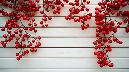Poster - Christmas and New Year background red garland on a white wooden background : Generative AI