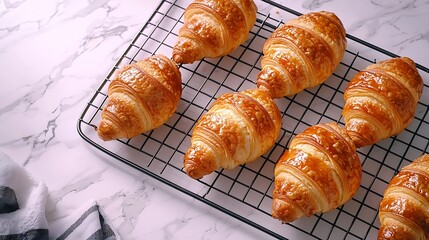 Poster - Croissants on cooling rack Traditional French food Marble background Copy space Top view : Generative AI