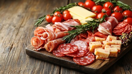 Aufkleber - Cheese and meat appetizers on cutting board on wooden background Copy space Top view : Generative AI