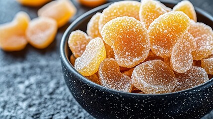 Poster - Candied ginger in black bowl on dark stone background Copy space : Generative AI