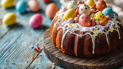 Poster - Easter cake with colorful eggs White and blue wooden background Copy space : Generative AI