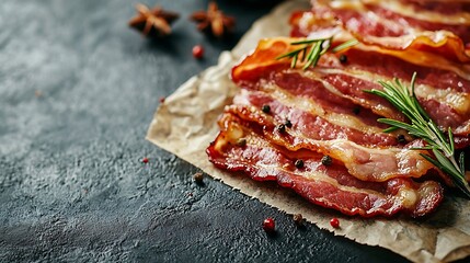 Poster - Raw bacon with rosemary and spices slices on parchment paper Grey slate background Copy space Top view : Generative AI