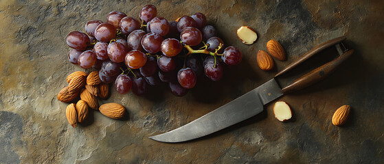 A bunch of red grapes, almonds, and a knife on a dark brown background.