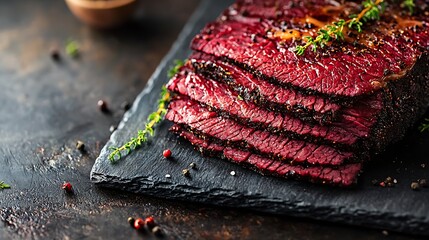 Poster - Roasted beef pastrami on slate cutting board Top view : Generative AI