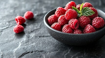 Poster - Fresh raspberries on a black bowl Slate background : Generative AI