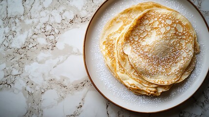 Poster - Crepes thin pancakes blini on a white plate Marble background Close up : Generative AI