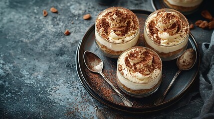 Poster - Tiramisu dessert in glasses Dark grey background Copy space Top view : Generative AI