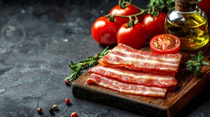 Poster - Raw bacon slices with herbs oil and tomatoes on wooden cutting board Grey background Copy space Top view : Generative AI
