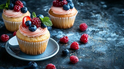 Poster - Muffins fruit cupcakes with cup of tea Blue background Close up Top view : Generative AI