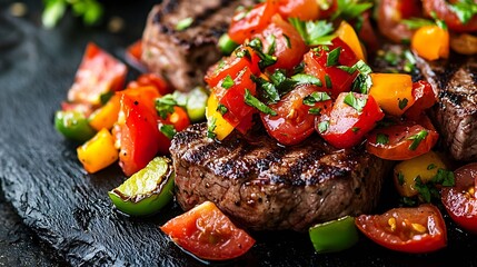 Poster - Beef steak well done with tomato and pepper salsa on a dark wooden background : Generative AI