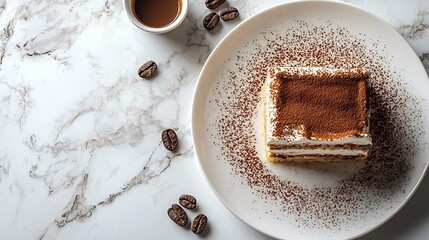 Poster - Ingredients for tiramisu dessert with Italian flag on a white plate savoiardi cookies cocoa powder Copy space Marble background : Generative AI