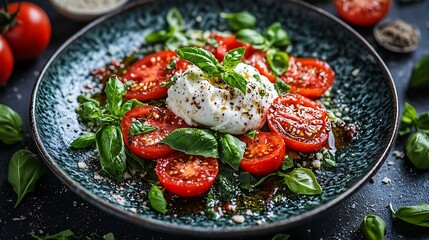 Poster - Caprese salad with tomatoes mozzarella burrata cheese and basil Dark background Close up Top view : Generative AI