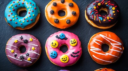 Poster - Donuts with Halloween decoration icing on black slate background Top view : Generative AI