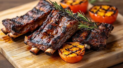 Poster - Lamb ribs grilled on cutting board with roasted vegetables : Generative AI