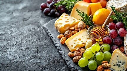 Poster - Assortment of cheese with honey nuts and grape on a modern cutting board slate background : Generative AI