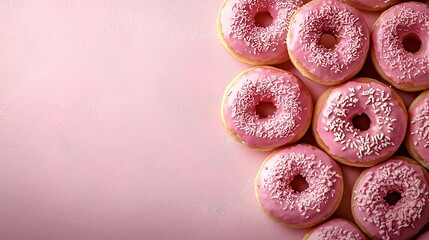Poster - Donuts assortment on pink pastel background Copy space Top view : Generative AI
