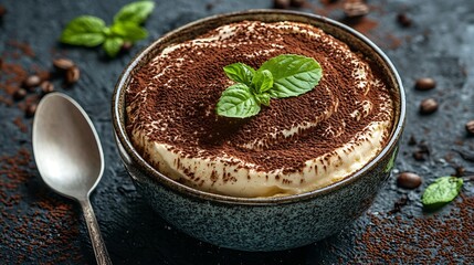 Aufkleber - Tiramisu dessert with cup of coffee Dark background Close up Top view : Generative AI