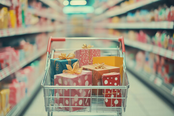 Shopping trolley with a gift boxes in supermarket.