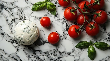 Poster - Mozzarella cheese ball with cherry tomatoes and basil leaves Marble background Copy space Top view : Generative AI