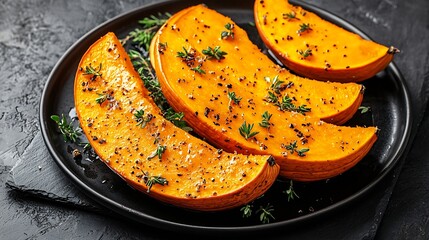 Poster - Roasted pumpkin with honey glaze and herbs on a black plate Slate background Copy space Top view : Generative AI