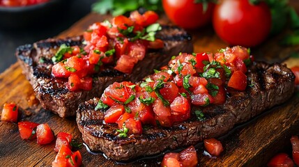 Poster - Beef steak well done with tomato and pepper salsa on a wooden background : Generative AI