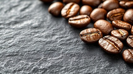 Poster - Coffee beans on grey slate background Close up Copy space : Generative AI