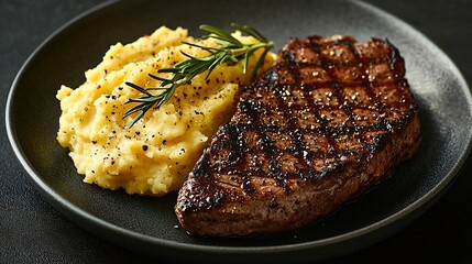 Poster - Beefsteak with mashed potato on a plate Grey background Close up Top view : Generative AI