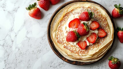 Poster - Crepes thin pancakes with fresh strawberry and ricotta cream cheese Marble background Top view : Generative AI