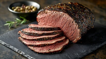 Poster - Roasted beef pastrami on slate cutting board Grey background Copy space : Generative AI