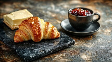 Poster - Croissant with coffee jam and butter Continental breakfast concept Top view Copy space : Generative AI