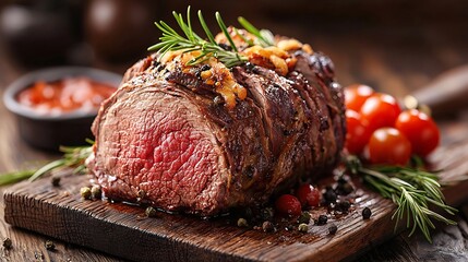 Poster - Roast beef on cutting board Wooden background : Generative AI