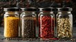 © Generative AI - Assortments of spices white pepper chili flakes lemongrass coriander and cumin seeds in jars on grey stone background : Generative AI