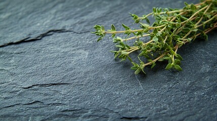 Poster - Fresh thyme bunch on slate background Close up Copy space : Generative AI