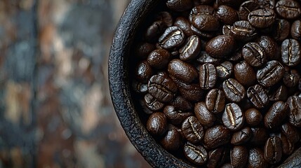Poster - Black coffee with freshly roasted coffee beans on a wooden background Vietnamese style copy space : Generative AI