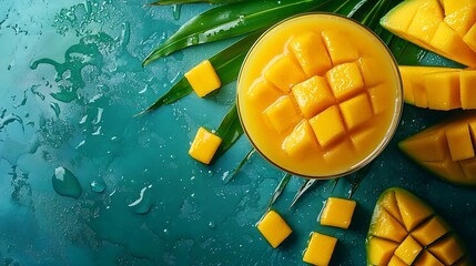 Poster - Fresh tropical fruit smoothie mango juice and fresh mango on blue background Copy space Top view : Generative AI
