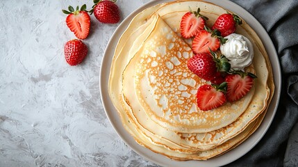 Poster - Crepes thin pancakes with cream cheese ricotta and fresh strawberries Marble background Top view Copy space : Generative AI