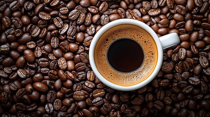 Poster - Black coffee in a white cup on freshly roasted coffee beans background Close up : Generative AI