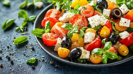 Poster - Greek salad Fresh vegetables feta cheese and black olives Blue textile background Close up : Generative AI