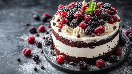 Poster - Chocolate cake with whipped cream and fresh berries Blue background Copy space : Generative AI