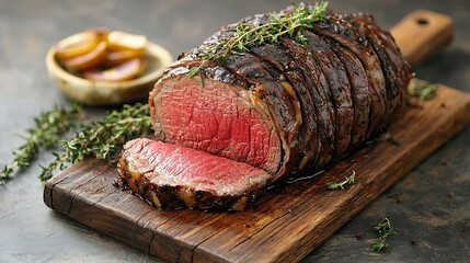 Poster - Roast beef on cutting board Wooden background Copy space : Generative AI