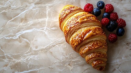 Poster - Croissant with fresh berries honey and butter on a marble texture background : Generative AI