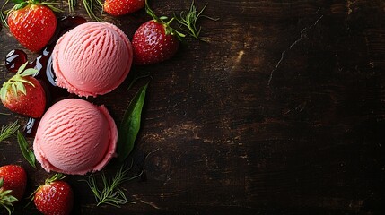 Aufkleber - Strawberry ice cream with balsamic vinegar and fennel seeds on a wooden background : Generative AI