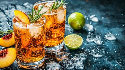 Poster - Peach cocktail fizz ice tea with fresh rosemary and lime Blue background Copy space : Generative AI