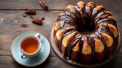 Poster - Chocolate marble bundt cake with a cup of tea on wooden table Top view Copy space : Generative AI