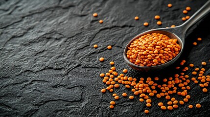 Poster - Yellow lentil in scoop and bowl Dark slate background Close up : Generative AI