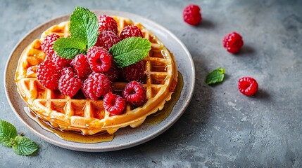 Poster - Belgian waffles with maple syrup and fresh raspberry Grey background Close up : Generative AI
