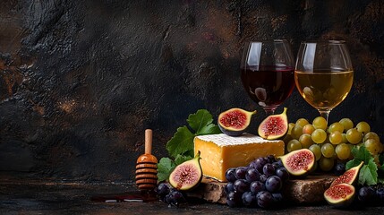 Poster - Grape cheese figs and honey with a glasses of red and white wine on a stone and wood background : Generative AI