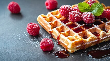 Poster - Belgian waffles with maple syrup and fresh raspberry Grey background Close up : Generative AI