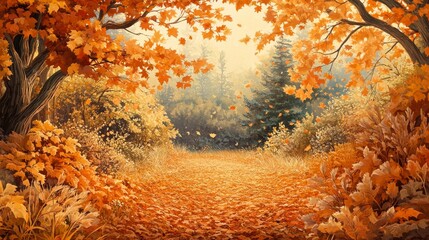 Wall Mural - 2408 92.A serene autumn scene with vibrant orange and yellow foliage framing the top and sides, leaving the center open for text. The ground is covered in a soft blanket of fallen leaves, while the