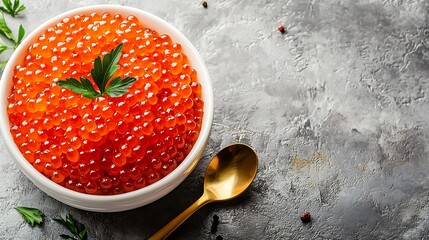Poster - Red salmon caviar in white bowl and golden spoon on marble background Top view : Generative AI